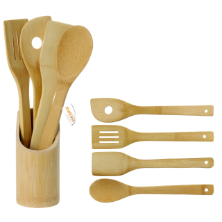 Küchenhelfer-Set aus Bambus - 5 tlg - Kochlöffel Pfannenwender Bratenwender