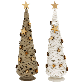Dekobaum gewebt - Tannenbaum aus Holz mit Holzsternen - Weihnachtsdeko 46 cm Weiß