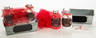 Geschenkset WHITE CHRISTMAS in Metallbox - CRANBERRY - Body Lotion Duschgel Netzschwamm