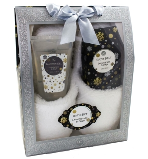 Badeset GLITTER Geschenkbox mit Pantoffeln Duschgel Badesalz - ZITRONENGRAS SALBEI