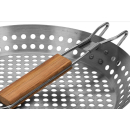 Grillpfanne gelocht - aus Edelstahl mit klappbarem Holzgriff - Ø 30 cm - BBQ Pfanne