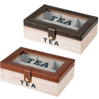 Teebox mit Fenster & Kunstleder-Verschluss - 6 Fächer Teekiste Teedose 23x15x8cm