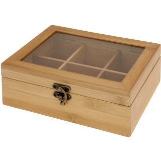 Teebox aus Bambus mit Sichtfenster - 6 Fächer - Teekiste Teedose 21x16x7,5 cm