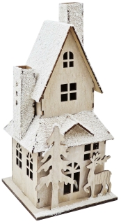 Beleuchtetes Haus mit Schnee - Weihnachtsdeko Weihnachtsszene Holz 28 cm (helles Holz)