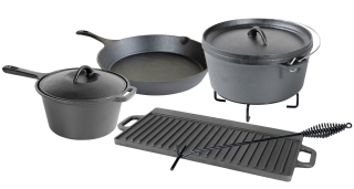 Gusseisen-Set mit Dutch Oven Grilltopf Grillpfanne Grillplatte Deckelhaken 6-tlg