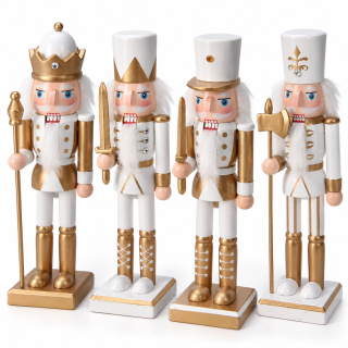 Nussknacker 4er-Set Weiß-Gold – 25 cm Weihnachtsfiguren im Vintage-Look, elegante Weihnachtsdeko