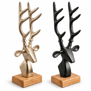 Deko-Rentierkopf mit Geweih aus Aluguss auf Holzsockel – 35 cm, Gold oder Schwarz